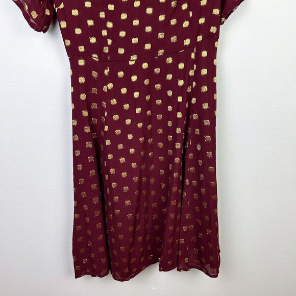Topshop A Line Off the Shoulder Mini Dress Burgundy w Gold Metallic Polka Dots 4 - Picture 15 of 15